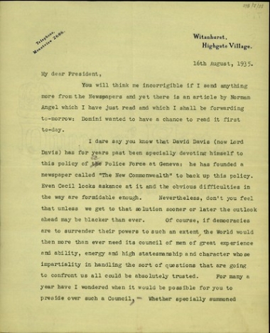 Επιστολή του A. Crosfield προς τον Ελ. Βενιζέλο