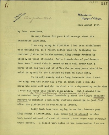 Επιστολή του A. Crosfield προς τον Ελ. Βενιζέλο