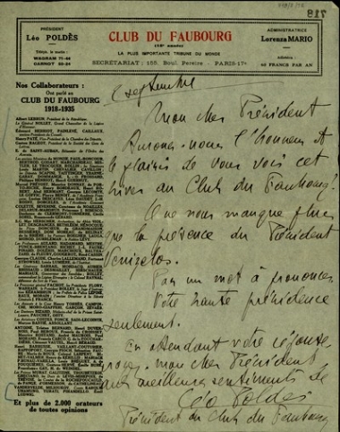 Επιστολή του προέδρου του Club du Faubourg, Leo Poldes, προς τον Ελ. Βενιζέλο