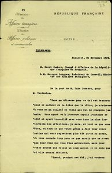 Τηλεγράφημα του Γάλλου πρεσβευτή στη Ρουμανία, Henri Cambon, προς τον πρωθυπουργό και υπουργό των Εξωτερικών, Georges Leygues εκ μέρους του Take Ionesco για τον Ελ. Βενιζέλο