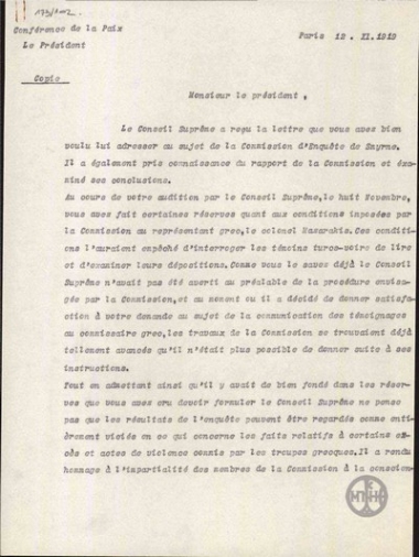 Letter from G. Clemenceau to E. Venizelos regarding the events of Smyrna and Aydin.