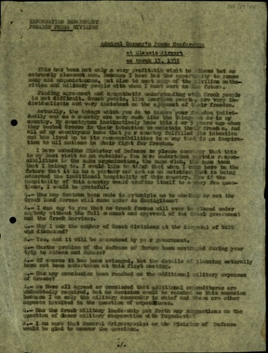 Σημείωμα του Τομέα Εξωτερικού Τύπου του Τμήματος Πληροφοριών του Πρωθυπουργικού Γραφείου σχετικά με την συνέντευξη τύπου του ναυάρχου Carney στις 15 Μαρτίου 1952.