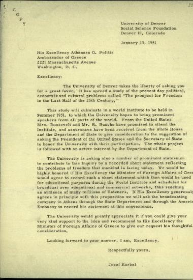 Επιστολή του Πανεπιστημίου του Ντένβερ προς τον Έλληνα πρεσβευτή στην Ουάσιγκτον, Αθ. Πολίτη, σχετικά με την οργάνωση διαλέξεων με τίτλο 