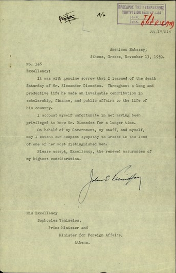 Επιστολή του Αμερικανού πρεσβευτή στην Ελλάδα, J.E. Peurifoy, προς τον Σ. Βενιζέλο με την οποία εκφράζει τη λύπη του για το θάνατο του Αλέξανδρου Διομήδη.