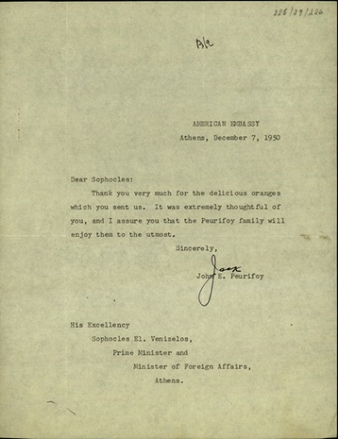 Επιστολή του Αμερικανού πρεσβευτή στην Ελλάδα, J.E. Peurifoy, προς τον Σ. Βενιζέλο με την οποία τον ευχαριστεί για τα πορτοκάλια που του απέστειλε.