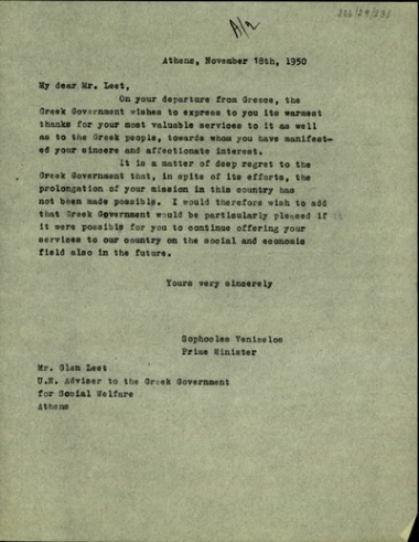 Επιστολή του Σ. Βενιζέλου προς τον σύμβουλο του ΟΗΕ στην Ελληνική Κυβέρνηση για θέματα κοινωνικής πρόνοιας, Glen Leet, με την οποία του εκφράζει τις ευχαριστίες του για τις υπηρεσίες που προσέφερε στην Ελλάδα αλλά και τη λύπη του για την αποχώρησή του από αυτή.