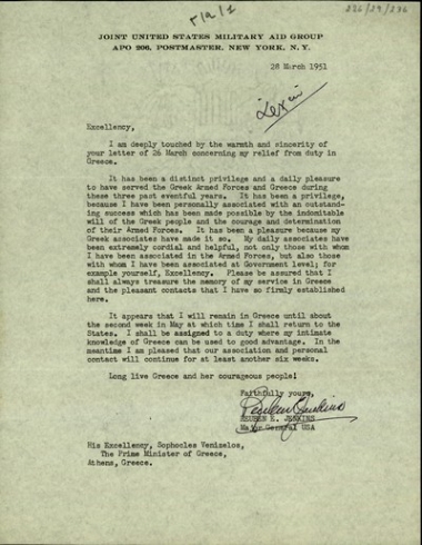 Επιστολή του υποστράτηγου Reuben E. Jenkins προς τον Σ. Βενιζέλο με την οποία τον ευχαριστεί για την εγκάρδια επιστολή που του απηύθυνε λόγω της ολοκλήρωσης της αποστολής του στην Ελλάδα και εκφράζει την χαρά του για τις υπηρεσίες που προσέφερε στη χώρα και τη συνεργασία που είχε με την κυβέρνησή της και τις Ένοπλες Δυνάμεις της.