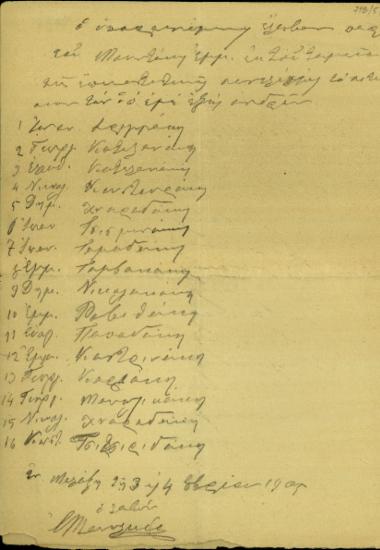 Απόδειξη του Ι. Μανωλικάκη προς τον Εμμ. Μουντάκη λήψης των σιτηρεσίων των αναγραφόμενων ανδρών από το ταμείο της Επαναστατικής Συνέλευσης Θερίσου.