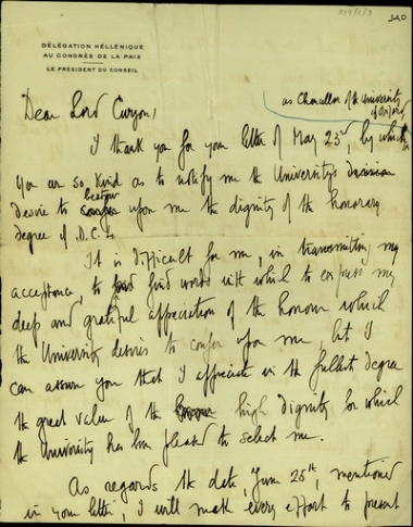 Επιστολή προς το λόρδο Curzon σχετικά με την απονομή του διπλώματος του διδάκτορα του αστικού δικαίου (D.C.L.) του Πανεπιστημίου της Οξφόρδης στον Ελευθέριο Βενιζέλο.