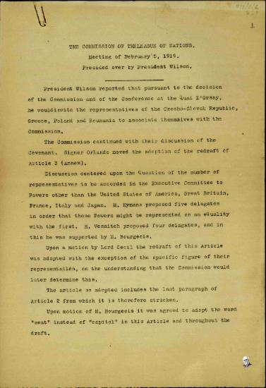 Απόσπασμα πρακτικού της συνεδρίασης της 5ης Φεβρουαρίου 1919 της Επιτροπής της Κοινωνίας των Εθνών με πρόεδρο τον Wilson σχετικά με τον αριθμό των εκπροσώπων της Εκτελεστικής Επιτροπής πλην αυτών των Η.Π.Α., Μεγάλης Βρετανίας, Γαλλίας, Ιταλίας και Ιαπωνίας.