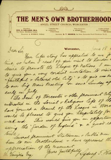 Επιστολή του Sydney T. Harris, γραμματέα της αδελφότητας της Angel Streer Church προς τον Ελευθέριο Βενιζέλο, στην οποία τον προσκαλεί να μιλήσει σε συνάντηση της αδελφότητας.