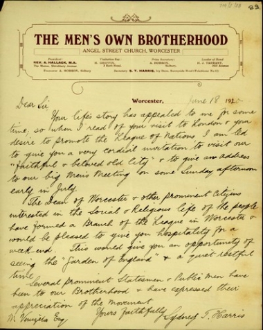 Επιστολή του Sydney T. Harris, γραμματέα της αδελφότητας της Angel Streer Church προς τον Ελευθέριο Βενιζέλο, στην οποία τον προσκαλεί να μιλήσει σε συνάντηση της αδελφότητας.