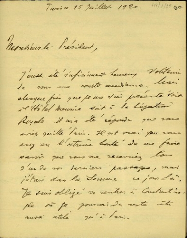 Επιστολή προς τον Ελευθέριο Βενιζέλο σχετικά με την υπογραφή της Συνθήκης των Σεβρών, τις σχέσεις της Ελλάδας με τη Μ. Βρετανία και τη Γαλλία, την εσωτερική και εξωτερική πολιτική κατάσταση της Τουρκίας και τις σχέσεις Ελλάδας - Τουρκίας.