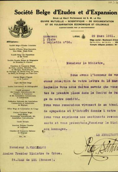Επιστολή του προέδρου της Societe Belge d'Etudes et d'Expansion προς τον Ελευθέριο Βενιζέλο σχετικά με την αποδοχή του δεύτερου να συμμετάσχει στην Επιτροπή Αρωγής της εταιρείας.