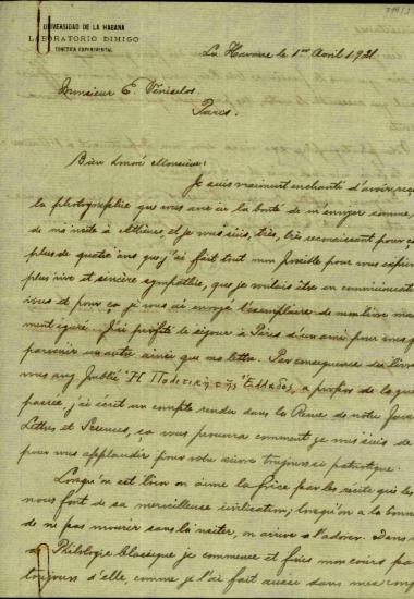 Επιστολή του [Dihigo] προς τον Ελευθέριο Βενιζέλο σχετικά με μία έκθεση του αποστολέα στην Επιθεώρηση της Σχολής Γραμμάτων για το βιβλίο του Βενιζέλου 
