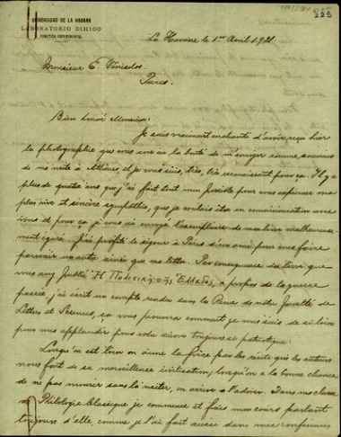 Επιστολή του [Dihigo] προς τον Ελευθέριο Βενιζέλο σχετικά με μία έκθεση του αποστολέα στην Επιθεώρηση της Σχολής Γραμμάτων για το βιβλίο του Βενιζέλου 