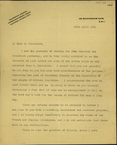 Επιστολή του David Davies προς τον Ελευθέριο Βενιζέλο σχετικά με την πιθανότητα να γίνει ο Βενιζέλος γενικός γραμματέας της International Federation of League of Nations Societies.