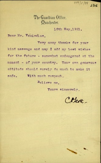 Επιστολή του Charles Scott προς τον Ελευθέριο Βενιζέλο, στην οποία εκφράζει τις ευχές του για το μέλλον της Ελλάδας, που προς το παρόν βρίσκεται σε κίνδυνο και δηλώνει ότι η γενναιόδωρη στάση του θα καταστήσει ασφαλή τη χώρα.