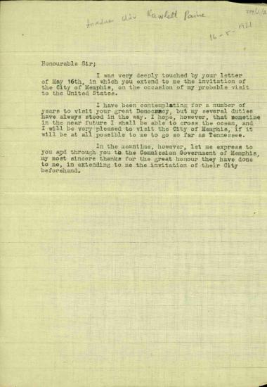 Σχέδιο επιστολής του Ελευθέριου Βενιζέλου προς τον Rowlett Paine σχετικά με την πιθανή επίσκεψη του Βενιζέλου στις Η.Π.Α. και την ευχή να του δοθεί η ευκαιρία να επισκεφτεί και το Μέμφις.
