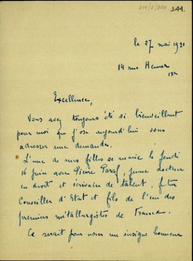 Επιστολή του [D.] M. Nordau προς τον Ελευθέριο Βενιζέλο σχετικά με το γάμο της κόρης του και την πρότασή του να γίνει ο Βενιζέλος μάρτυρας.