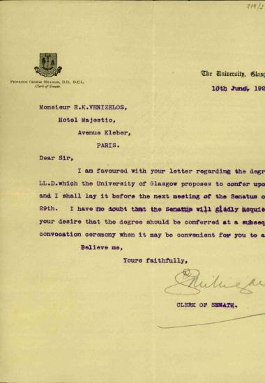 Επιστολή του G. Milligan προς τον Ελευθέριο Βενιζέλο σχετικά με την απονομή του πτυχίου του διδάκτορα του Δικαίου (Νομικής) και την παρουσία του Βενιζέλου σ' αυτήν.