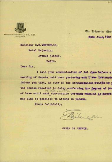 Επιστολή του George Milligan προς τον Ελευθέριο Βενιζέλο σχετικά με την απονομή του πτυχίου του διδάκτορα του Δικαίου (Νομικής) και την παρουσία του Βενιζέλου σ' αυτήν.
