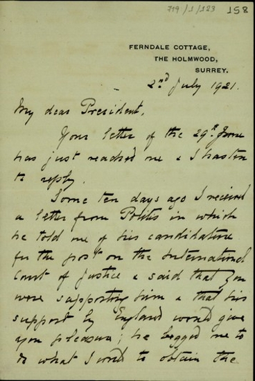 Επιστολή του J. Stavridis προς τον Ελευθέριο Βενιζέλο σχετικά με την υποψηφιότητα του Νικόλαου Πολίτη στο International [Court] of Justice.