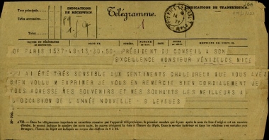 Τηλεγράφημα του G. Leygues προς τον Ελευθέριο Βενιζέλο κοινωνικού περιεχομένου και με ευχές για το νέο έτος.