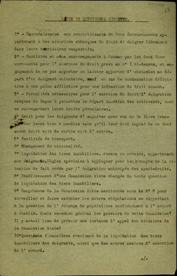 Αντίγραφο καταλόγου με τα θέματα προς συζήτηση, τον οποίο υπέβαλε ο F. Nansen στον Hamid Bey, σχετικά με την ανταλλαγή των πληθυσμών και το προσφυγικό ζήτημα.