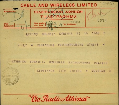 Τηλεγράφημα του Βράχα προς τον Σ. Βενιζέλο με το οποίο εκφράζει την ευγνωμοσύνη των Εθνικών σωματείων Κυρήνειας για τις δηλώσεις του για την ένωση της Κύπρου με την Ελλάδα.