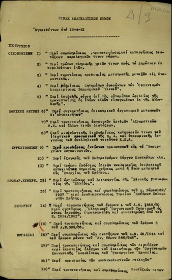 Πίναξ αναγκαστικών νόμων εγκριθέντων από 13-4-1951.