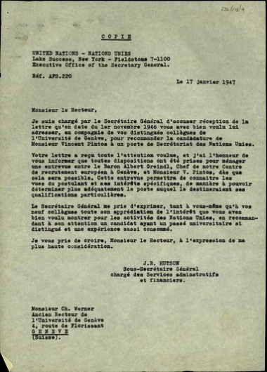 Επιστολή (αντίγραφο) του J.B. Hutson προς τον Ch. Werner σχετικά με την υποψηφιότητα του Vincent Pintos σε θέση της γραμματείας των Ηνωμένων Εθνών.