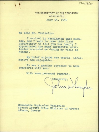 Επιστολή προς τον Σ. Βενιζέλο με την οποία τον ευχαριστεί για όλες τις φιλοφρονήσεις που του παρείχε κατά την παραμονή του στην Αθήνα.