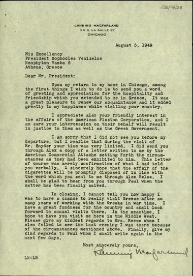 Επιστολή Lanning Macfarland προς τον Σ. Βενιζέλο