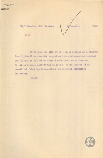 Τηλεγράφημα του Γ.Μελά σχετικά με πρόταση αντιπροσώπου στη Συνδιάσκεψη της Λωζάννης για απόσυρση της Ελληνικής Αντιπροσωπείας.