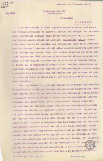 Τηλεγράφημα του Δ.Κακλαμάνου σχετικά με τις επιδιώξεις της Τουρκίας στη Συνδιάσκεψη της Λωζάννης.