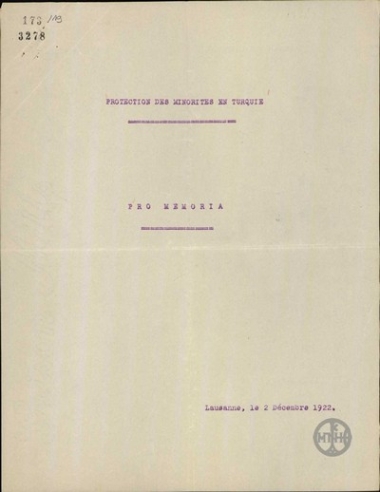 Υπόμνημα του Β.Δενδραμή σχετικά με την προστασία των μειονοτήτων στην Κωνσταντινούπολη.