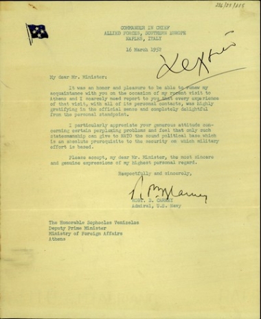 Επιστολή του  R. B. Carney προς τον Σ. Βενιζέλο με την οποία του εκφράζει την εκτίμησή του για την πολιτική του στάση και ικανότητα.