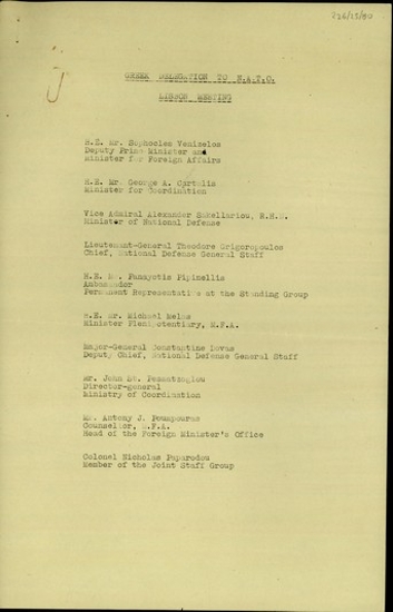 Κατάλογος με τα μέλη της Ελληνική Αντιπροσωπείας στο ΝΑΤΟ.