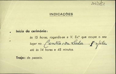 Πρόσκληση προς τον Σοφοκλή Βενιζέλο για την 9η συνεδρίαση του Συμβουλίου του ΝΑΤΟ. Εναρκτήρια συνεδρίαση: Λισαβόνα, 20 Φεβρουαρίου 1952, Παλάτι Εθνοσυνέλευσης. Οδηγίες της τελετής.