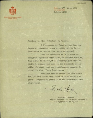 Επιστολή του Nicolas Morosso προς τον Σοφοκλή Βενιζέλο κοινωνικού περιχομένου.