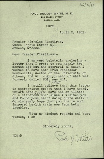 Επιστολή του Paul D. White προς τον Ν. Πλαστήρα