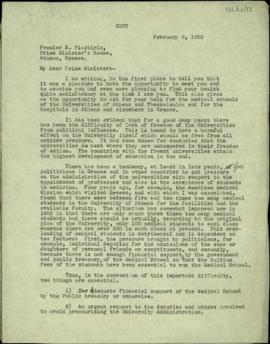 Επιστολή του Paul D. White προς τον Ν. Πλαστήρα