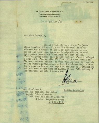 Επιστολή της Έλενας Βενιζέλου προς τον Σοφοκλή Βενιζέλο κοινωνικού περιεχομένου, στο οποίο αναφέρεται στο ταξίδι του γιου του Sir Pierson Dixon στην Ελλάδα.