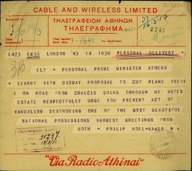 Τηλεγράφημα του Philip Noel Baker προς το Γραφείο του Πρωθυπουργού σχετικά με την απόφαση υλοτομίας δέντρων κατά μήκος της οδού στο κτήμα της συζύγου του.