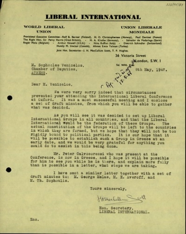 Επιστολή του J. H. Maccallum Scott προς τον Σ. Βενιζέλο σχετικά με την πραγματοποίηση του Διεθνούς Συνεδρίου Φιλελευθέρων.