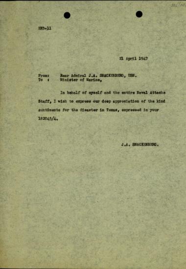 Επιστολή του J.A. Snackenberg προς τον Υπουργό Ναυτικών της Ελλάδας, Σ. Βενιζέλο, με την οποία τον ευχαριστεί για την έκφραση των συναισθημάτων για την καταστροφή στην πόλη του Τέξας.