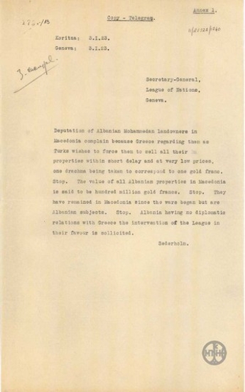 Telegram from Sederholm to the Assembly of the League of Nations regarding Albania