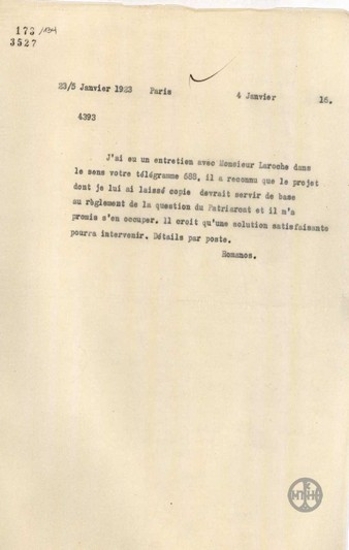 Telegram from A. Romanos regarding the issue of the Patriarchate.