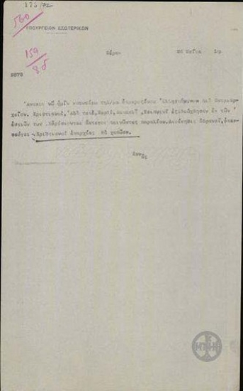 Τηλεγράφημα του Δ. Πανά προς το Υπουργείο Εξωτερικών ανακοινώνει τηλεγράφημα του Υποπροξένου Ελλησπόντου σχετικά με διώξεις χριστιανών στη Θράκη.